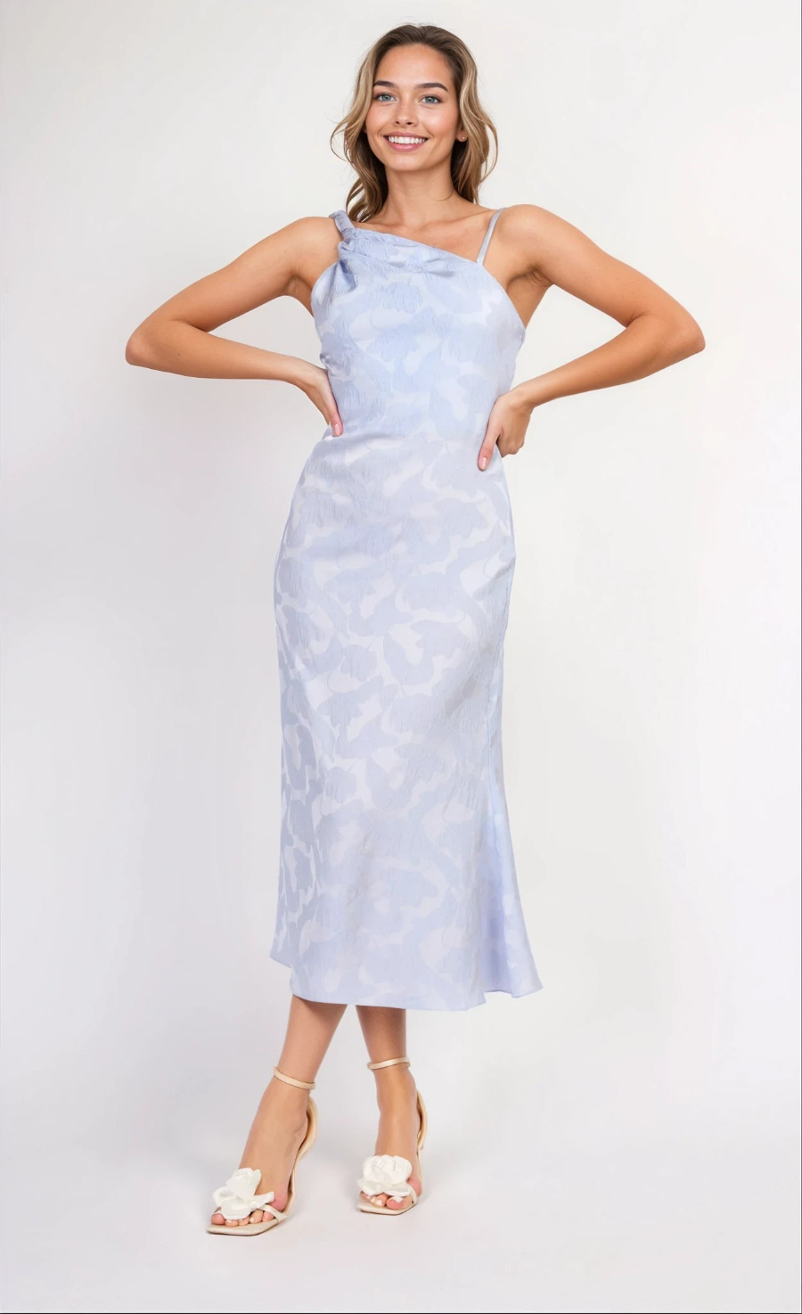 Blue Floral Satin Twist Detail Midaxi Dress