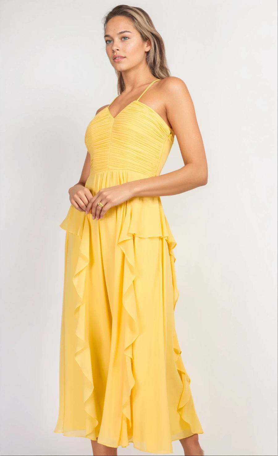 Yellow Chiffon Frill Midaxi Dress