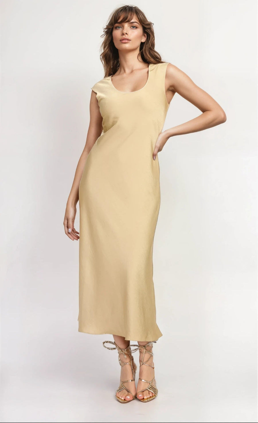 Champagne Satin Scoop Midaxi Dress