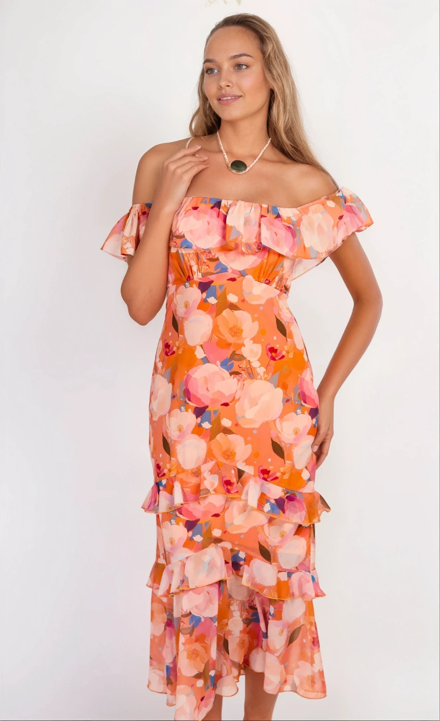 Print Chiffon Bardot Frill Midaxi Dress