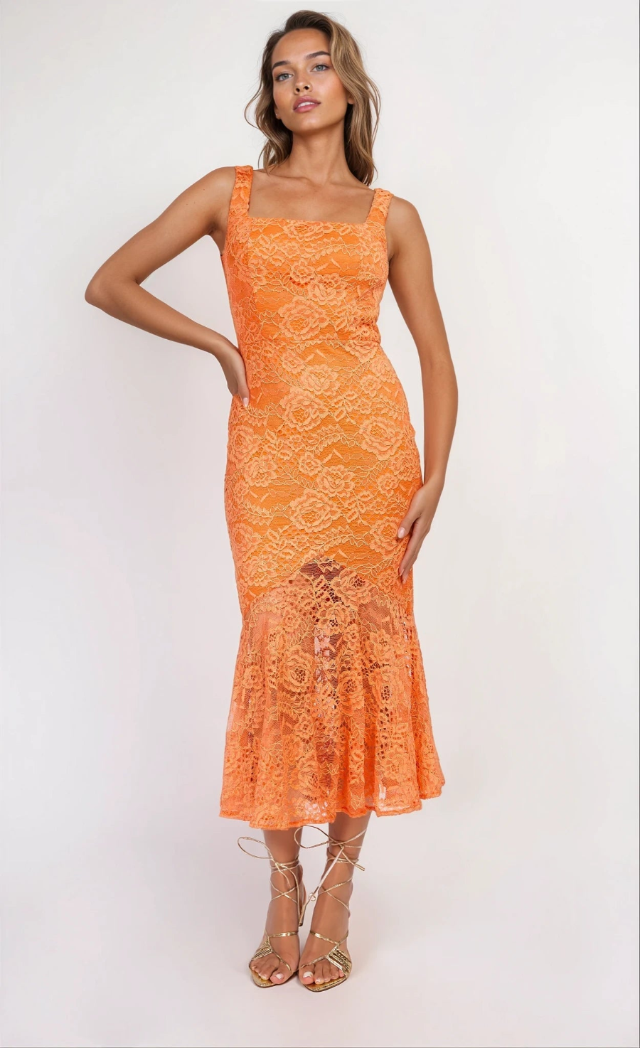 Orange Lace Square Neck Fishtail Midaxi Dress