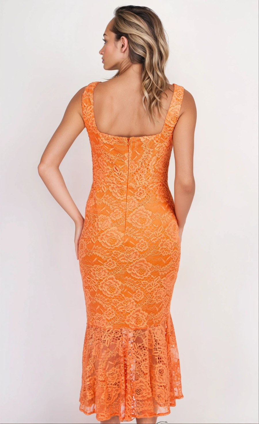 Orange Lace Square Neck Fishtail Midaxi Dress