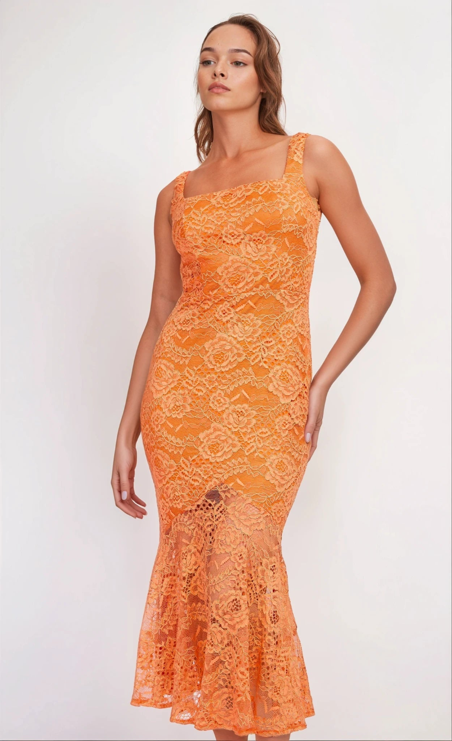 Orange Lace Square Neck Fishtail Midaxi Dress