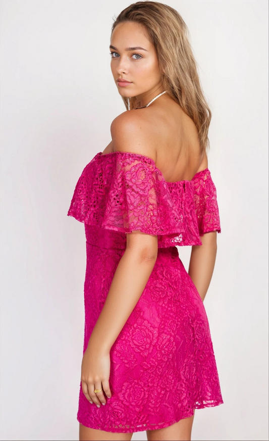 Pink Lace Bardot Mini Dress
