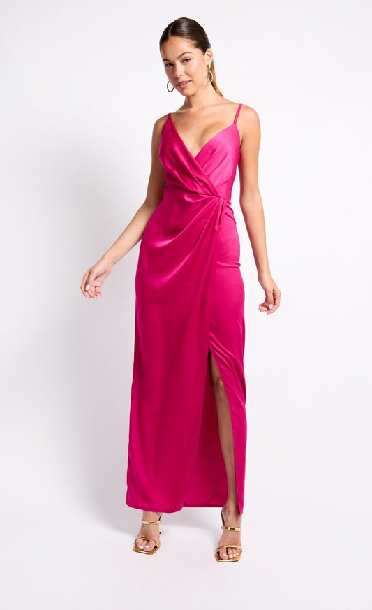 Pink Satin Mock Wrap Maxi Dress