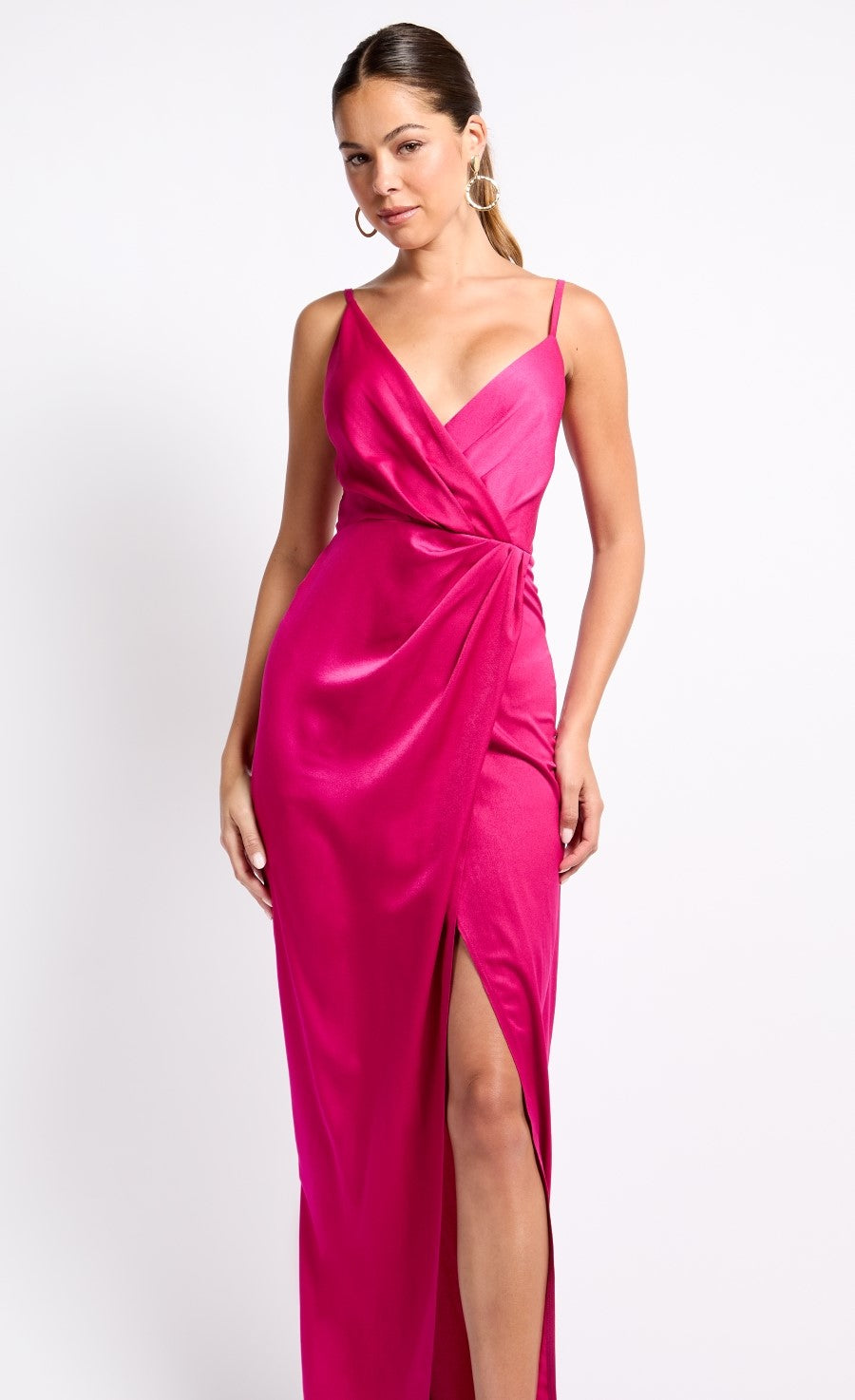 Pink Satin Mock Wrap Maxi Dress