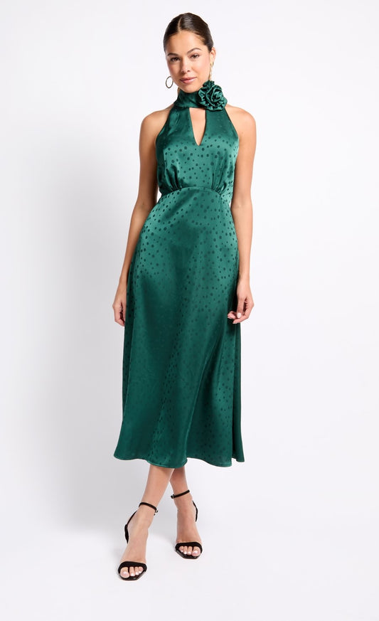 Green Satin Rosette Midaxi Dress