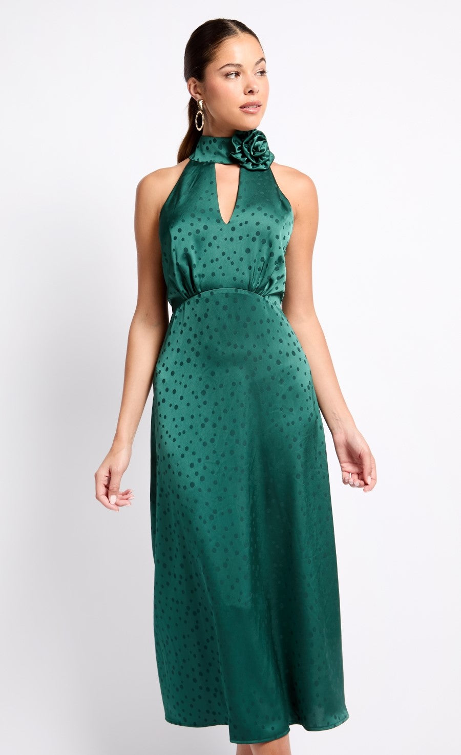 Green Satin Rosette Midaxi Dress