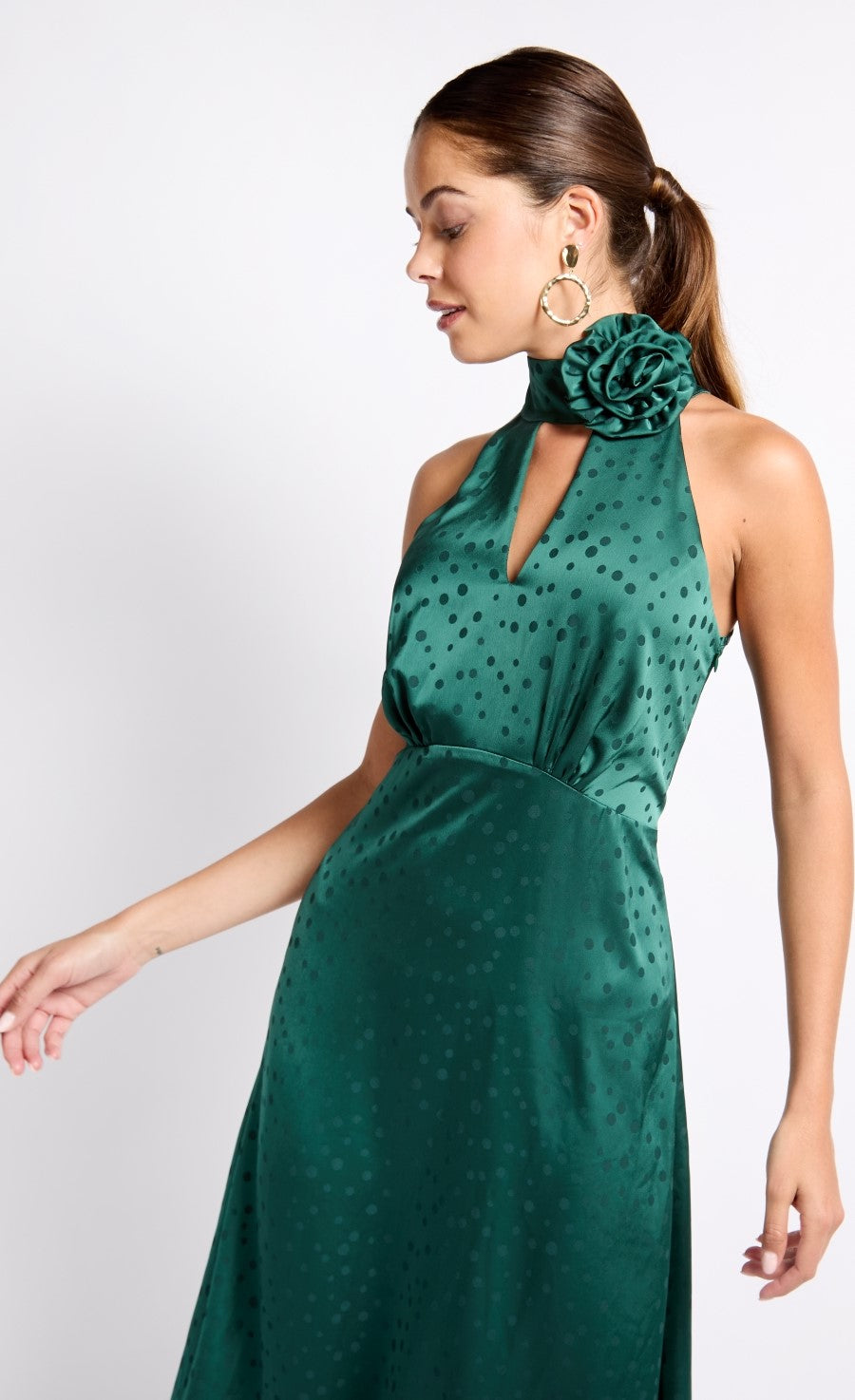 Green Satin Rosette Midaxi Dress