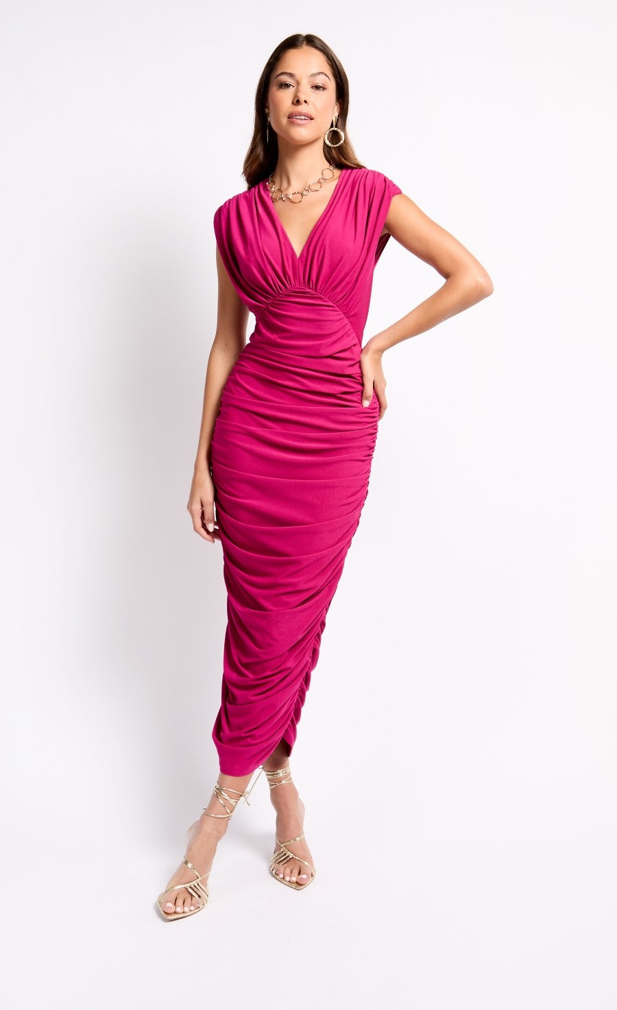 Pink Ruched Bodycon Midi Dress