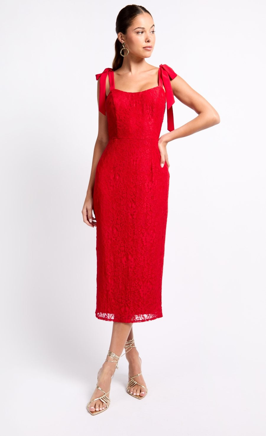 Red Lace Tie Strap Midi Dress