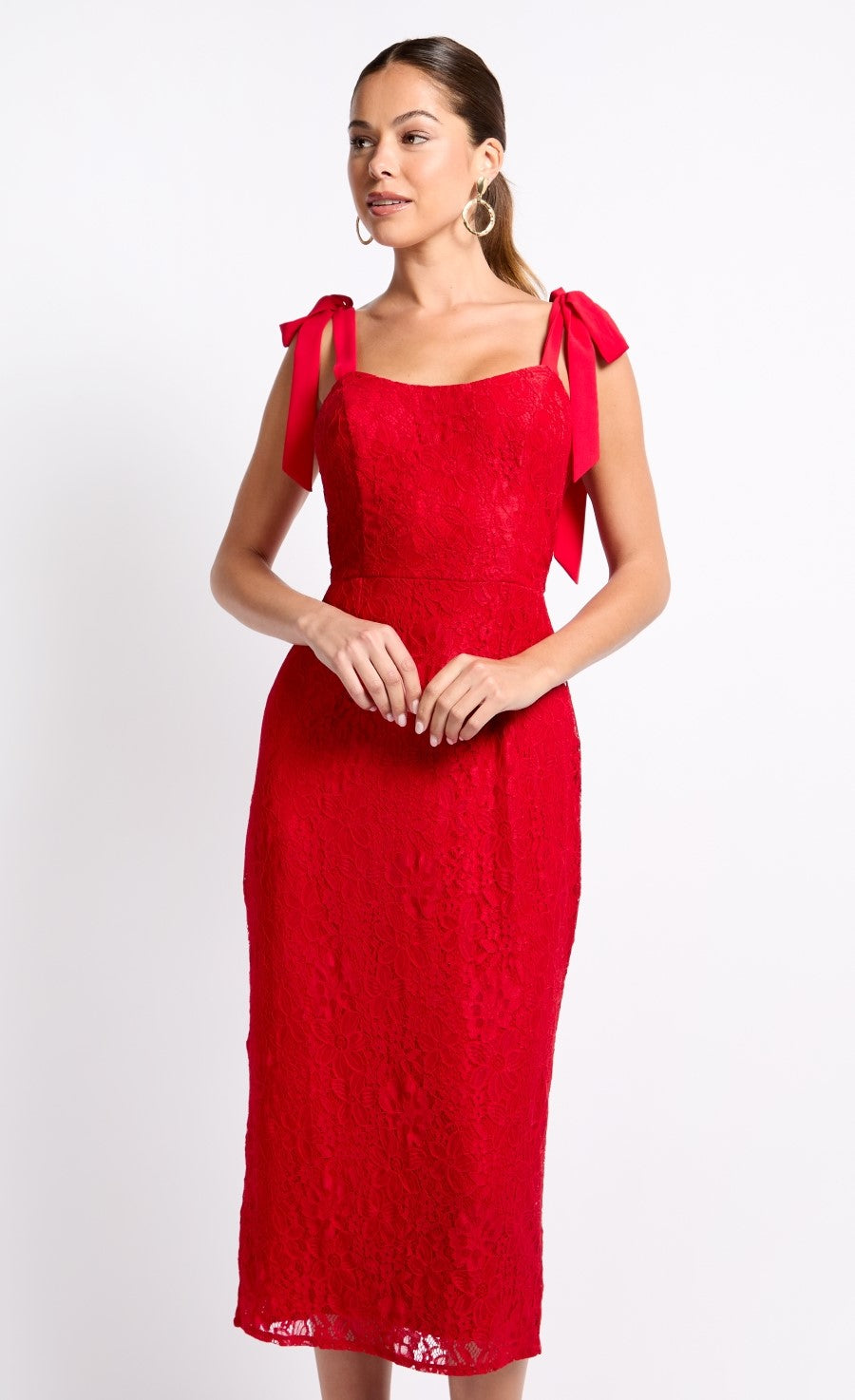 Red Lace Tie Strap Midi Dress