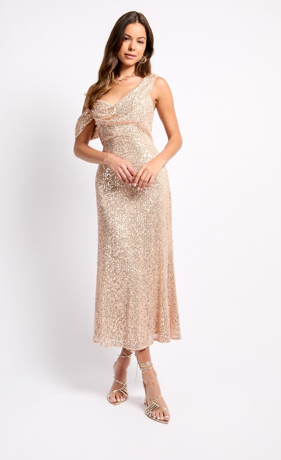 Gold Sequin Asymmetric Neck Midaxi Dress