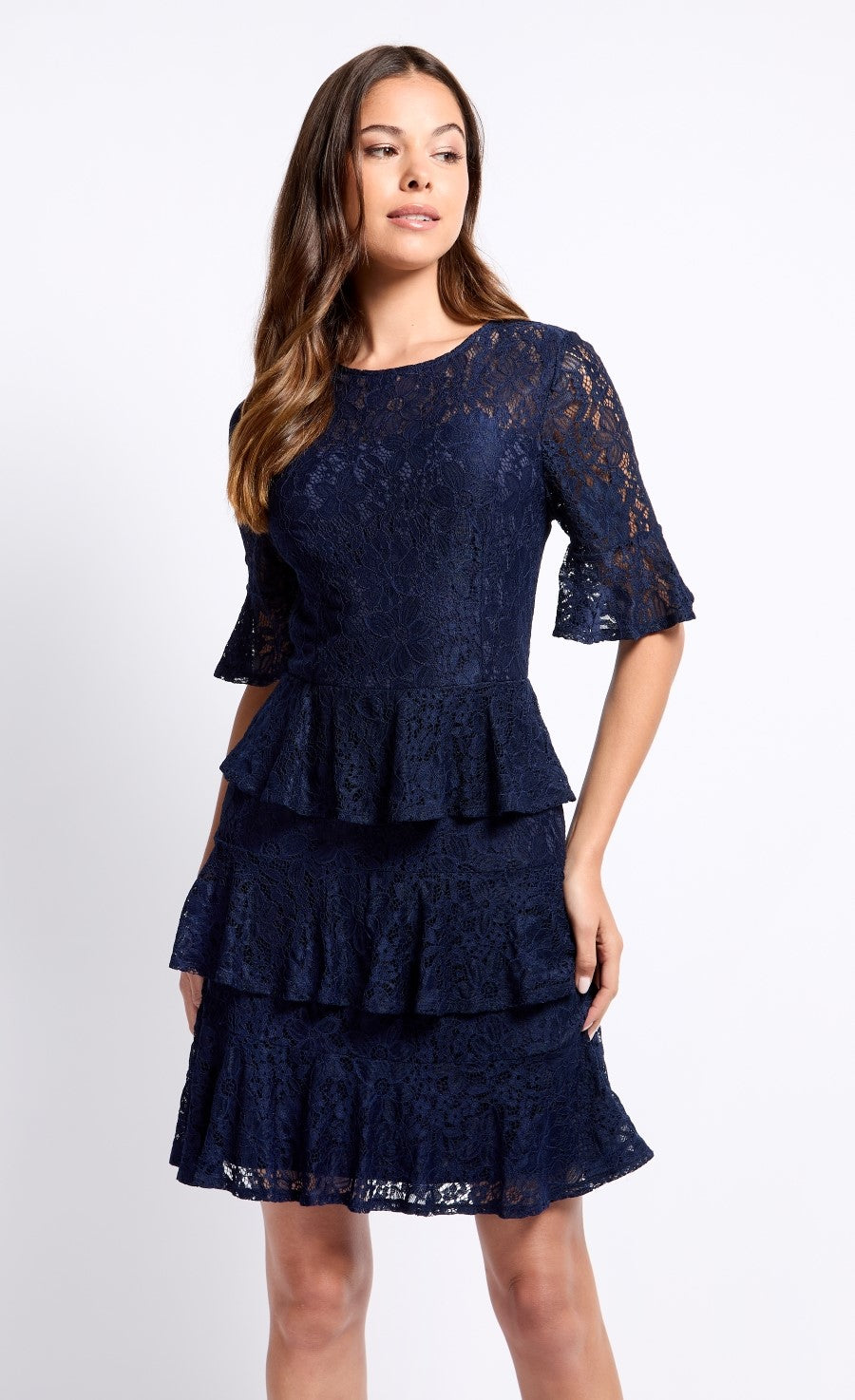 Navy Lace Tiered Hem Mini Dress