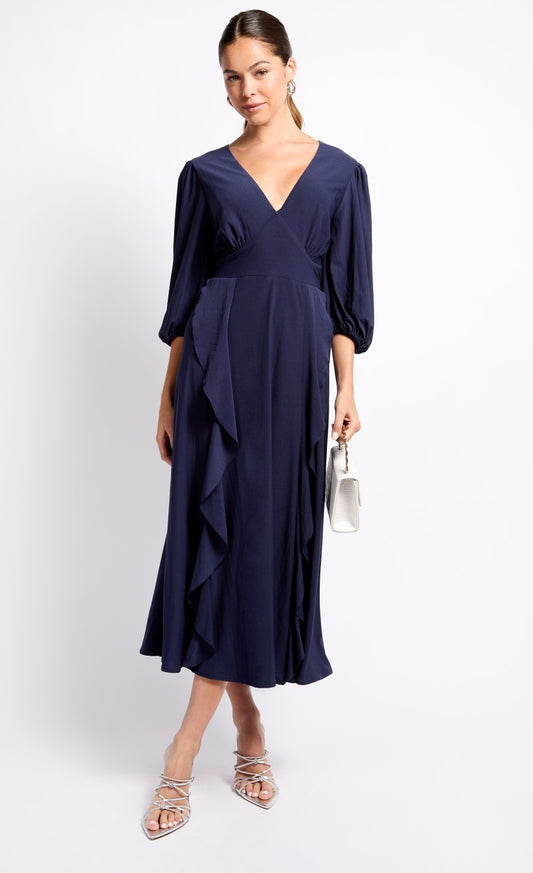 Navy Draped Frill Midaxi Dress