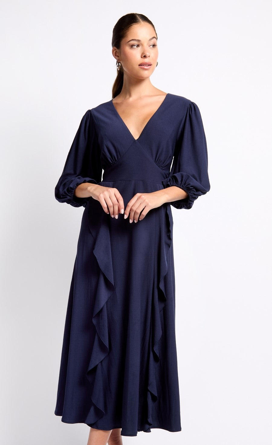 Navy Draped Frill Midaxi Dress