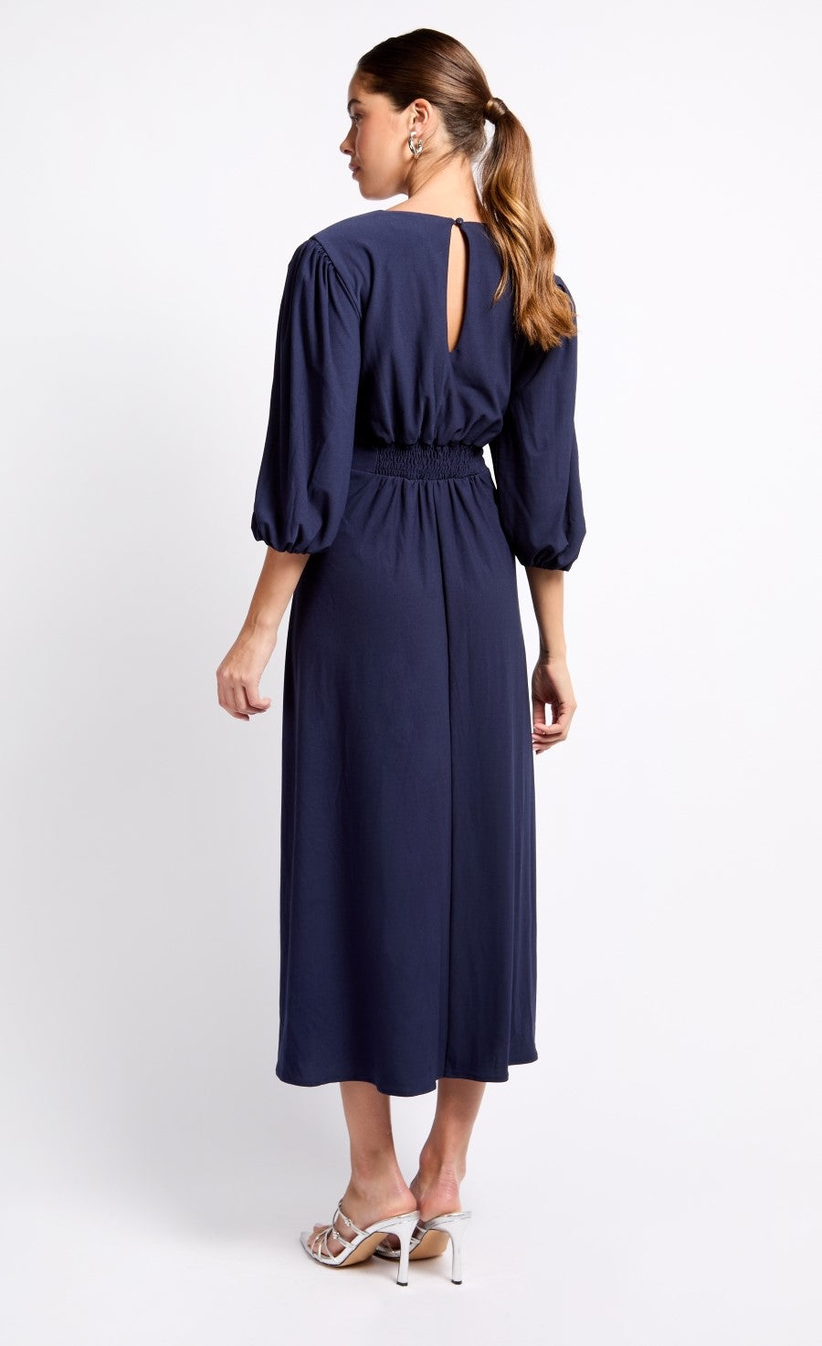 Navy Draped Frill Midaxi Dress