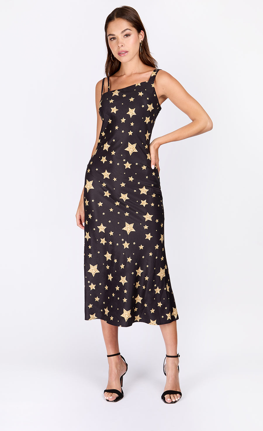 Star Print Satin Asymmetric Midaxi Dress