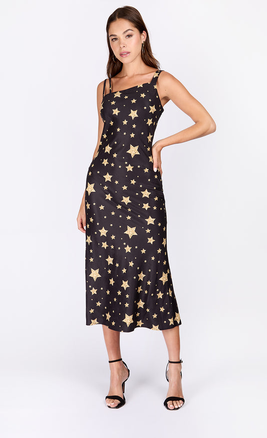 Star Print Satin Asymmetric Midaxi Dress