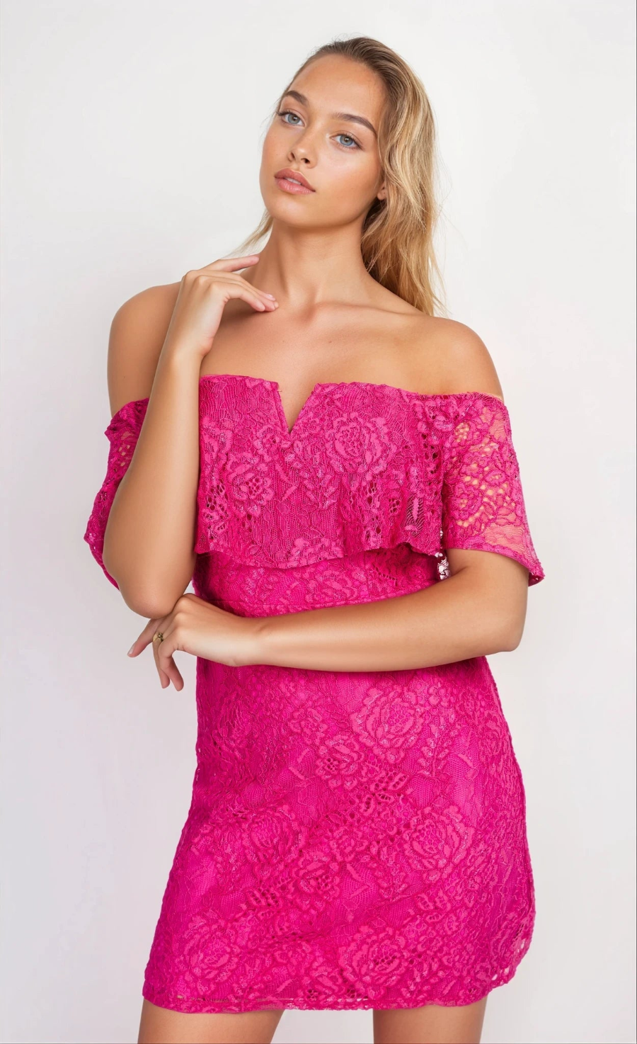 Pink Lace Bardot Mini Dress