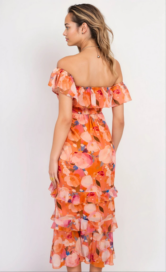 Print Chiffon Bardot Frill Midaxi Dress