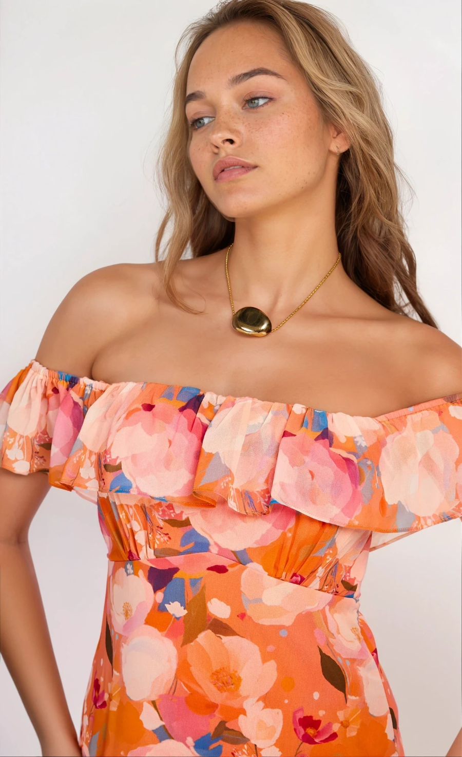 Print Chiffon Bardot Frill Midaxi Dress