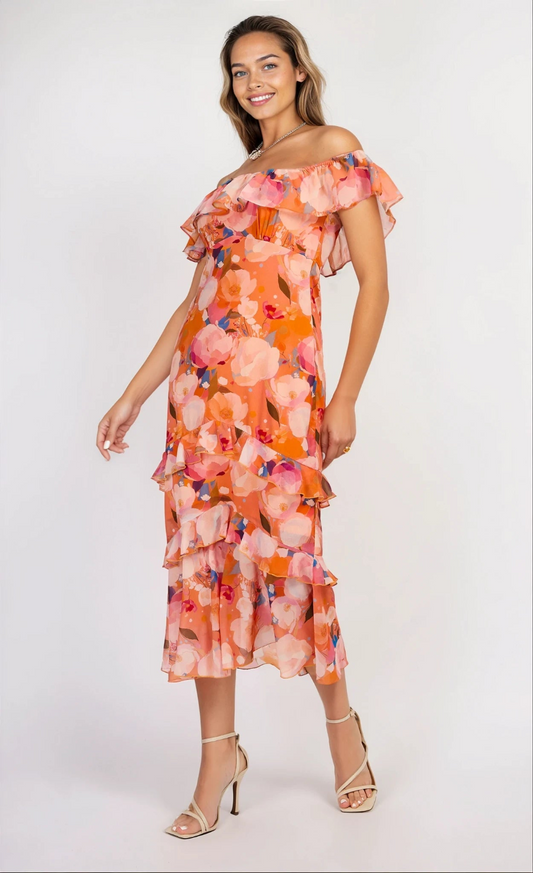 Print Chiffon Bardot Frill Midaxi Dress