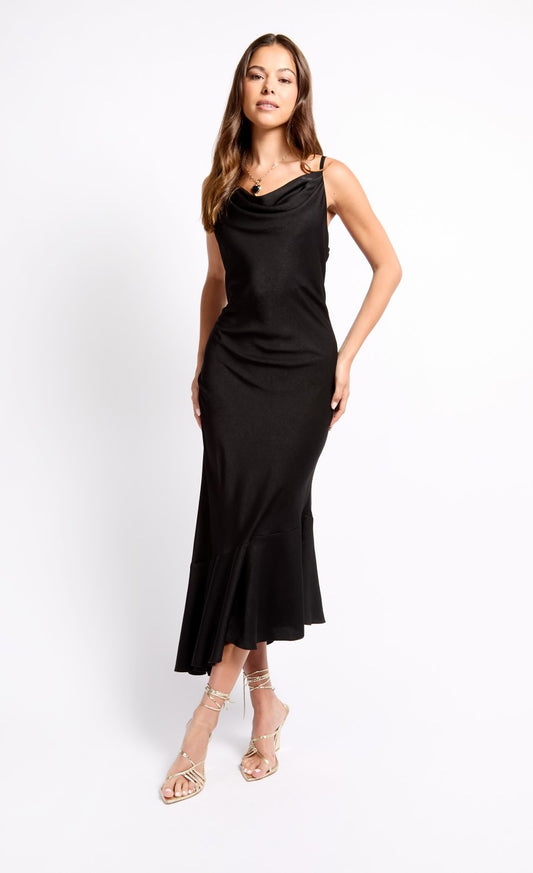 Black Satin Asymmetric Hem Midaxi Dress