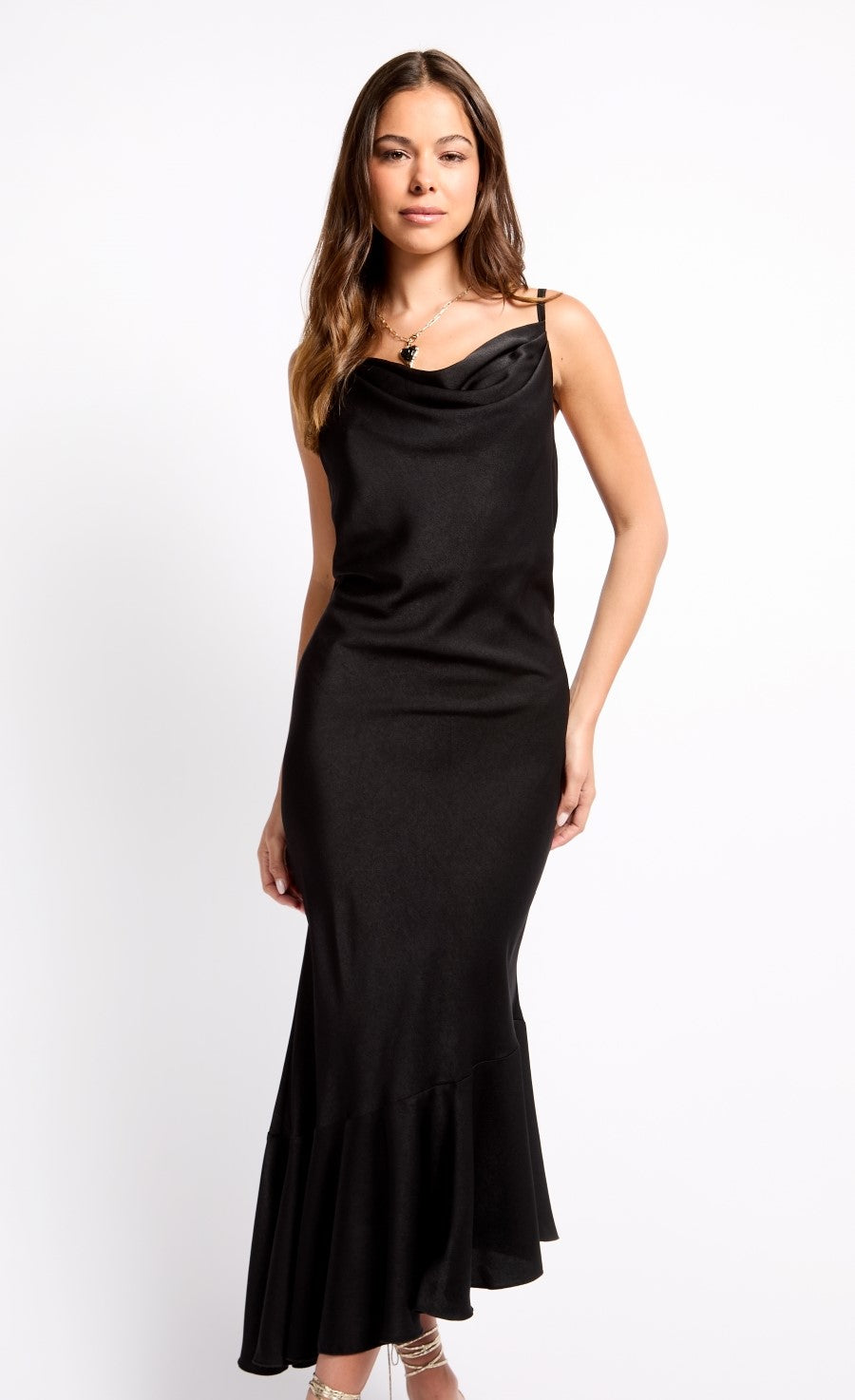 Black Satin Asymmetric Hem Midaxi Dress