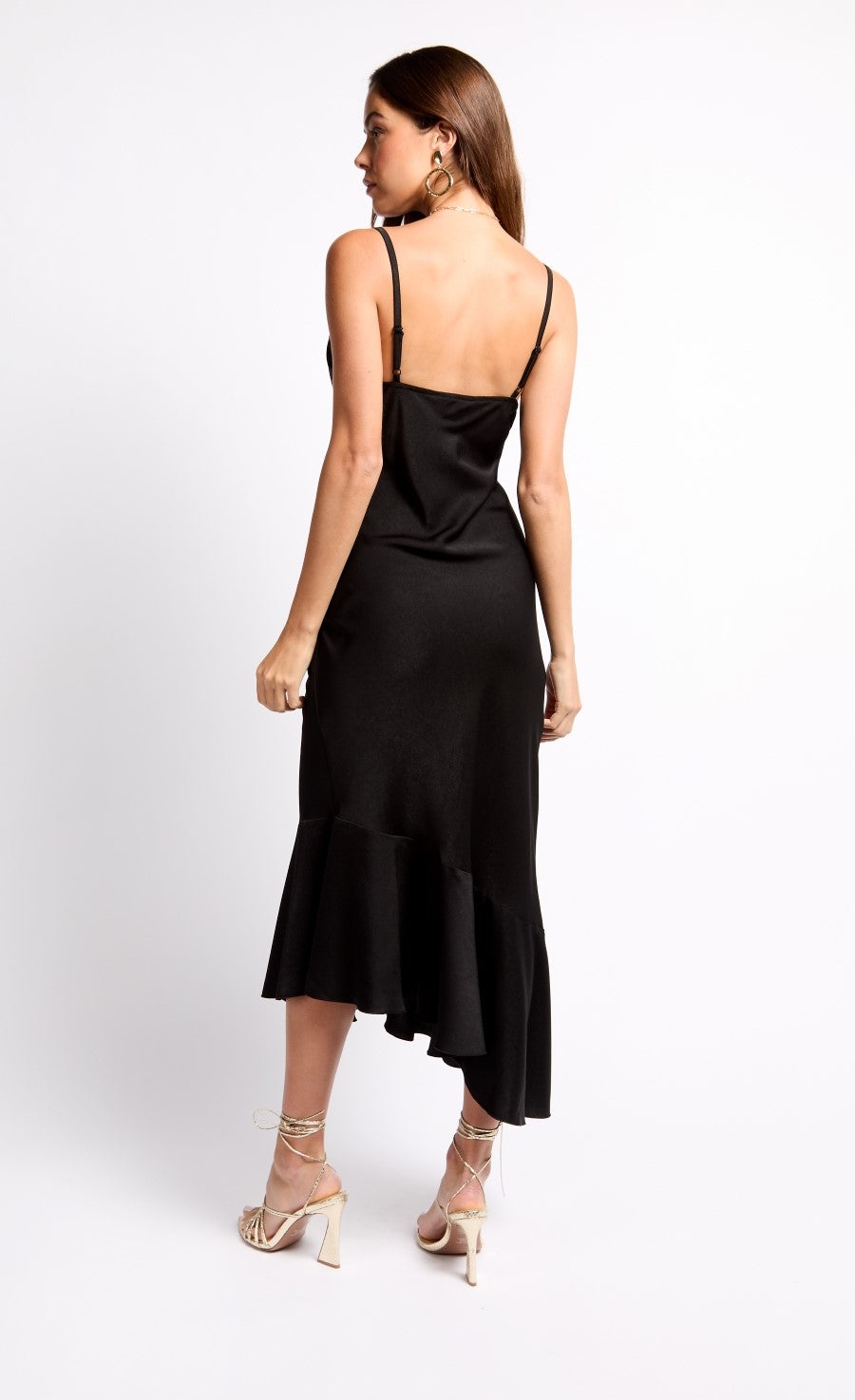 Black Satin Asymmetric Hem Midaxi Dress