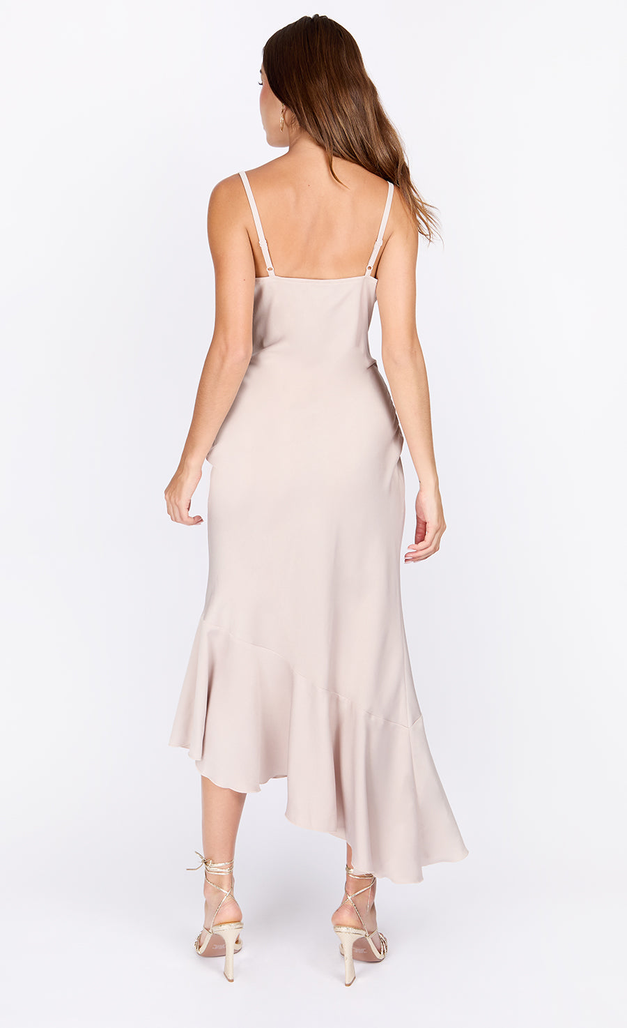 Oyster Satin Asymmetric Hem Midaxi Dress